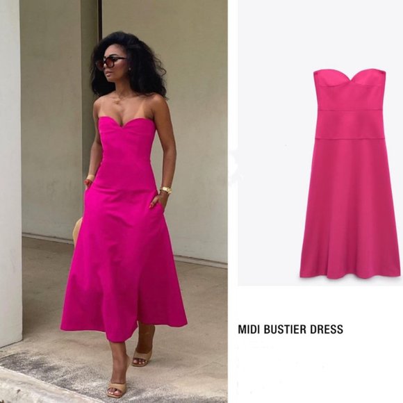 ZARA NEW WOMAN BUSTIER MIDI BUSTIER DRESS Strapless FUCHSIA HOT PINK 2656/707 X - Picture 1 of 12